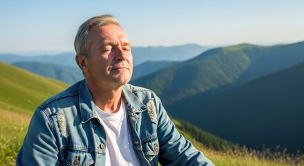 Naklejka premium A man sitting on a grassy hillside with his eyes closed, enjoying the view of mountains and greenery.
