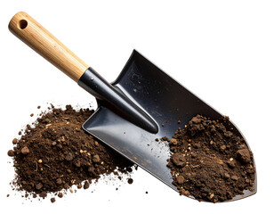 “Dirty Shovel with Soil Clumps on Blade, Worker’s Tool, Isolated PNG”.