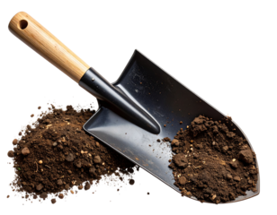“Dirty Shovel with Soil Clumps on Blade, Worker’s Tool, Isolated PNG”.