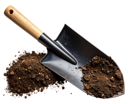 “Dirty Shovel with Soil Clumps on Blade, Worker’s Tool, Isolated PNG”.