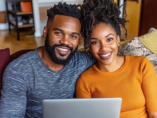 Happy couple enjoying time together with laptop at home setting