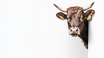 Curious Cow Peeking Around Corner - A brown cow with horns playfully peeks from behind a white background, creating a charming and curious