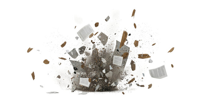 Debris explosion with flying papers and fragments during a blast effect cutout isolated on transparent bg, png