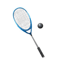 squash blue color racket and black rubber ball , sports illustration