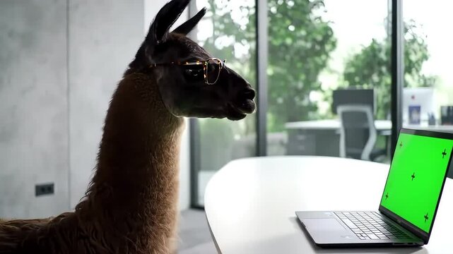 Llama Wearing Glasses Modern Office Green Screen Laptop Technology Animal Business Funny Cute