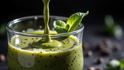 Green smoothie pouring into a glass with spinach leaf on black background  