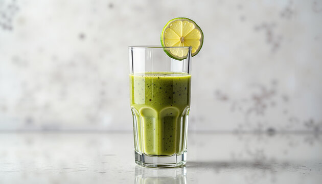Green smoothie in a glass with lime slice on top and blurred background  
