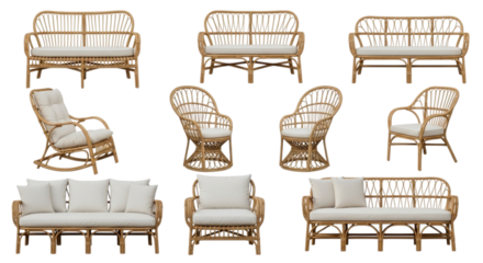 Various rattan furniture pieces arranged together showcasing different styles and designs cutout isolated on transparent bg, png