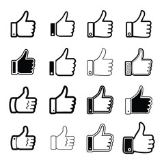 Collection of diverse hand drawn thumbs up icons in various styles and fills