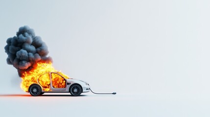 Electric Vehicle Fire Hazard - A burning electric car plugged into a charging station symbolizes the dangers of EV fires, charging risks, battery safety concerns, and the need for improved safety