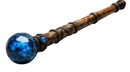 Artistic rendering of a magical staff with gemstone core and fantasy wood texture design on transparent background