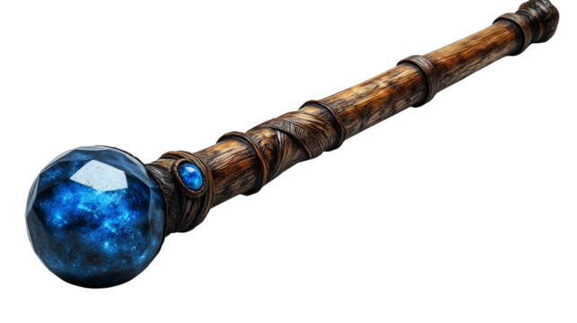 Artistic rendering of a magical staff with gemstone core and fantasy wood texture design on transparent background
