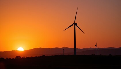 Obraz premium Sunset wind turbine silhouette renewable energy landscape nature photography tranquil environment
