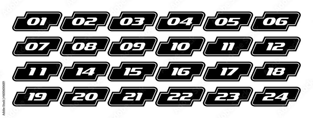 Poster marker icon, font with numbers. black and white arrow markers. vector set of markers with numbers fr