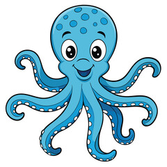 Smiling blue cartoon octopus with circular spots happily displays its eight tentacles