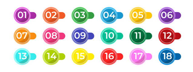 Colorful bullet points set of numbers from zero to eighteen. Multicolored circles and numbers. Set of markers with numbers. Vector flat icons isolated on white background