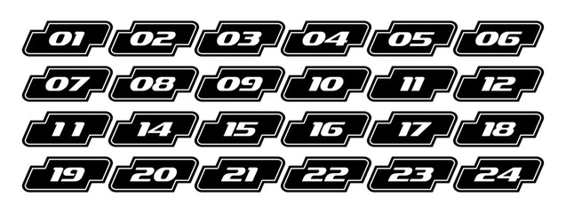Marker icon, font with numbers. Black and white Arrow markers. Vector set of markers with numbers from 1 to 12 in flat design. Vector illustration