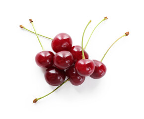 Many fresh ripe cherries isolated on white