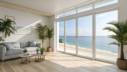 Relaxing modern living room with stunning ocean view and natural sunlight creates a serene, coastal escape.