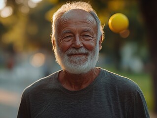 Elderly Man Smiling Outdoors with Yellow Ball in Warm Glow Light