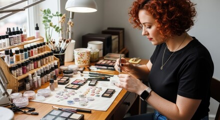 A woman with red hair and a black shirt is painting makeup on a table with various makeup products and tools.