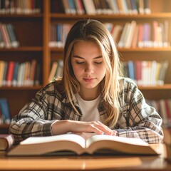 young woman reading book in library