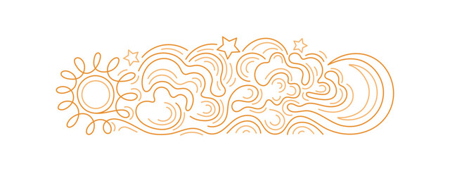 Moon, golden star Sun, cloud Vector art line print
