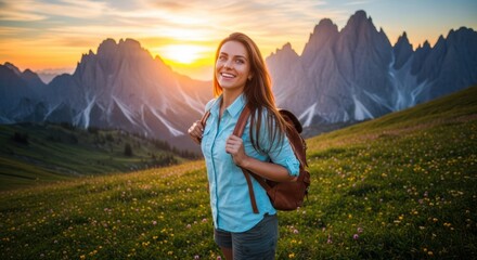 A woman hiking in a mountainous landscape at sunset.