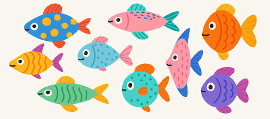 Cute cartoon fish collection, colorful tropical aquarium animals, hand drawn sea life set, funny vector illustration, playful marine creatures, vibrant underwater design, kids ocean art, decorative 