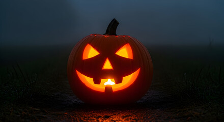 Glowing Halloween pumpkin in a dark night environment with a misty backdrop, capturing the essence of spooky Halloween traditions and festive autumn celebrations.