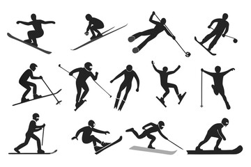 Fototapeta premium Collection of diverse skiing and snowboarding action silhouettes on a white background