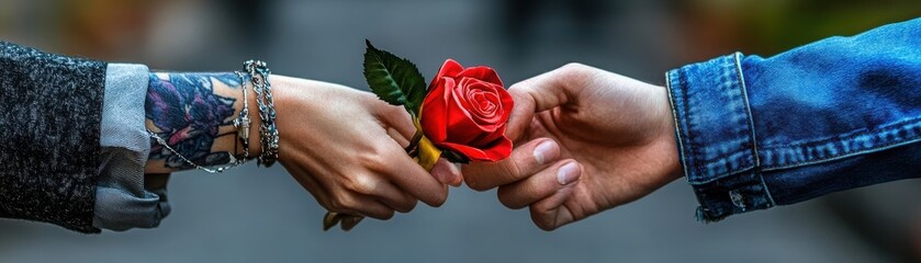 Hands Exchanging Red Rose Symbolizing Love and Affection in Nature