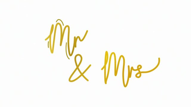 Mr & mrs One line continuous animated typography intro outro, mister misses hand drawn calligraphy monoline vintage text on background, aniamted Calligraphy lettering animation video, golden on white
