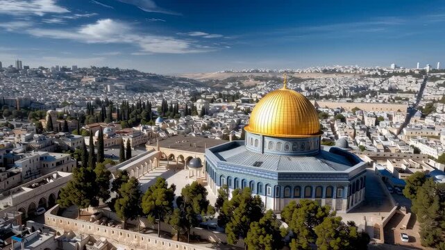 The iconic Dome of the Rock mosque in Jerusalem, shining under a clear, bright sky.