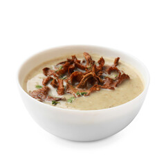 Tasty cream soup with mushrooms and thyme in bowl isolated on white