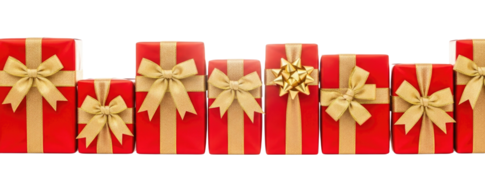 Colorful red gift boxes with gold ribbons arranged in a line cutout isolated on transparent bg, png