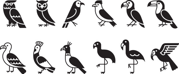 Fototapeta premium Bird Icon Set Silhouette Collection Avian Species Graphic Elements Ornithology Design