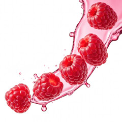 Fresh raspberries splash in vibrant pink liquid, creating dynamic and appetizing scene. juicy berries evoke sense of freshness and vitality