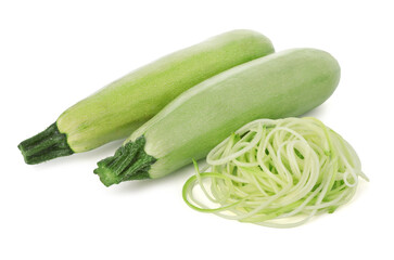 Raw squash noodles and fresh vegetables isolated on white. Vegetarian dish