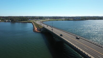 aerial view of the bridge in straford prince edward island Canada. High quality 4k footage