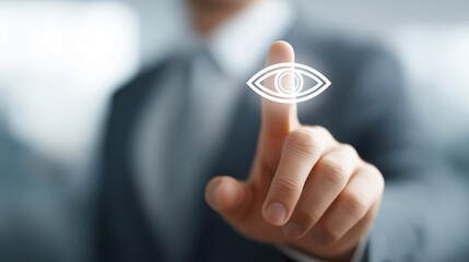Businessman Touching Eye Icon Representing Observation, Monitoring, Data Analysis, User Experience, Security Oversight, Visual Tracking and Business Intelligence Surveillance