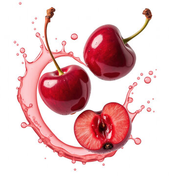 Fresh cherries splash in juice, showcasing vibrant red color and juicy texture, perfect for summer desserts and healthy snacks