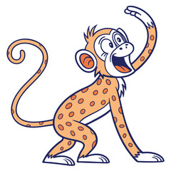Playful cartoon monkey with orange spots joyfully raises its arm in a cheerful greeting