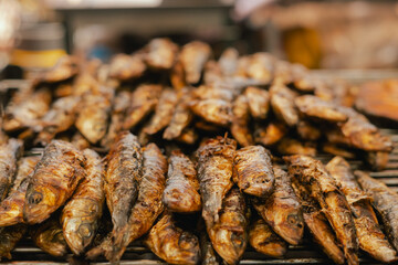Grilled sardines being served at a lively street festival during the Santos Populares celebration in Lisbon, Portugal. The traditional Portuguese food. Close up, soft focus. Part of a series