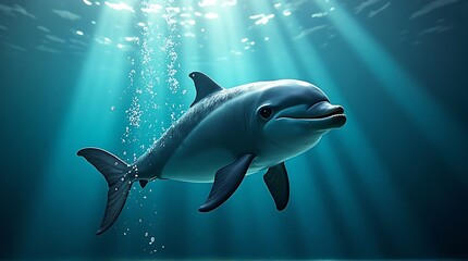 A bottlenose dolphin gracefully swims in sunlit ocean depths, bubbles rising around it.