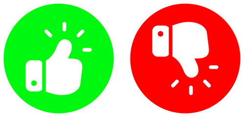 Thumb up and thumb down signs in vibrant green and red circles represent approval and disapproval on a white background, ideal for feedback or rating systems with a minimalist, clear design.