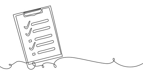 Line art one icon continuous document list illustration single check clipboard. Art one line data checklist survey test pen paper vector business report doodle notebook agenda sketch board form.