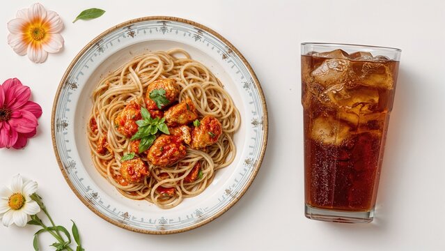 Hot chicken with noodles accompanied by iced tea