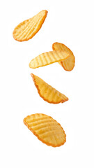 Crispy potato chips falling in mid air, showcasing their wavy texture and golden color, evoke sense of fun and indulgence