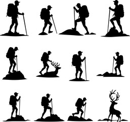 hiking, silhouette, group,  forest, pine trees, mountain vector bundle